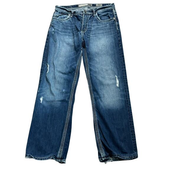 BKE DENIM Men's 33X28 Tyler Straight Blue Jeans Distressed Cowboy Buckle Short - Picture 1 of 11